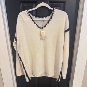 Johnny Was Women’s Xl Whipstitch Cream V-Neck Pullover Sweater NWT MSRP $398
